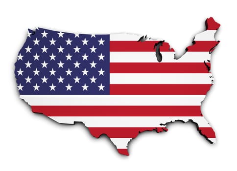 Shape 3d of USA map with flag, illustration isolated on white background.