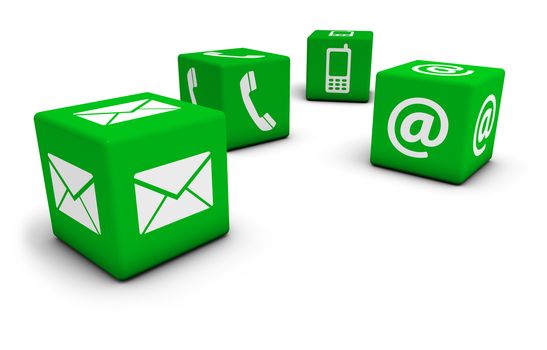 Web contact us Internet concept with email, mobile phone and at icon and symbol on four green cubes for website, blog and on line business.