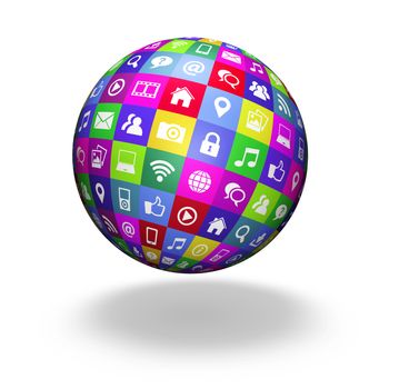 Web and Internet social media and social network concept with technology icons and symbol on a colorful globe on white background.