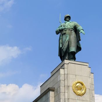 Statue of a Soviet soldier at Soviet War Memorial in Berlin Tiergarten, Germany. Erected to commemorate the soldiers of the Soviet Armed Forces who died during the Battle of Berlin in April and May 1945.