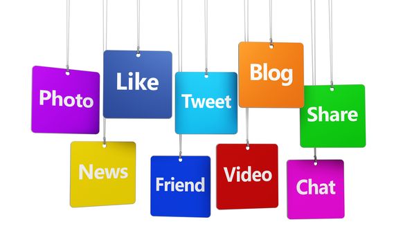 Social media, Internet and web concept with social network words and sign on colorful hanged tags isolated on white background.