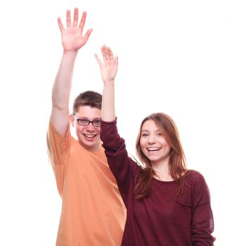 Boy and Girl with Hands Up On White Background - studio shoot 