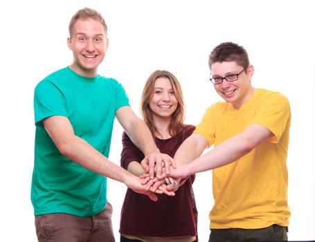 Three People Team Keeps On With Your Hands - studio shoot