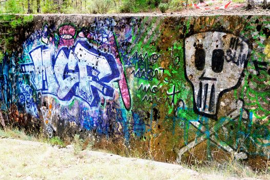 Colorful tag on the walls of a ruin in the forest