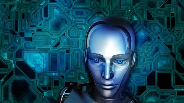 Futuristic female android at digital circuit background