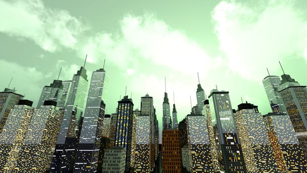 A big generic city under a moody green sky. 3D rendered Illustration.