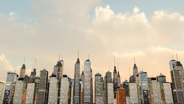 A big generic city under a moody green sky. 3D rendered Illustration.