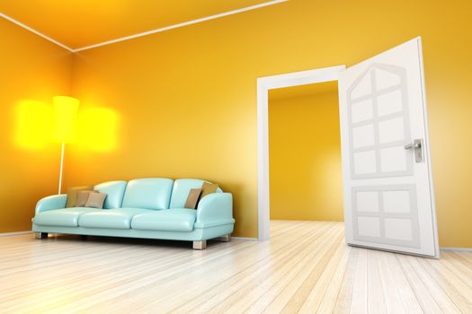 A yellow apartment with a open door. 3D illustration.