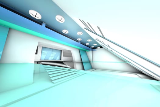 A futuristic entrance hall to a corporate building. 3D rendered Illustration.