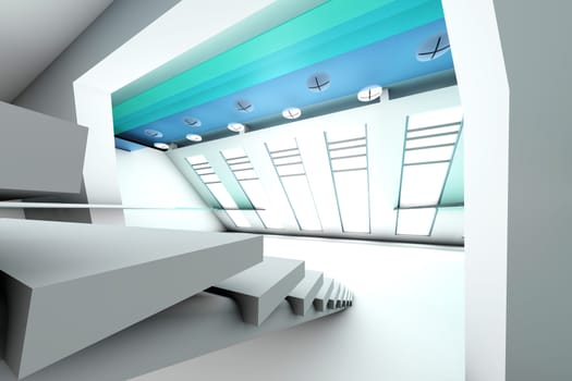 A futuristic entrance hall to a corporate building. 3D rendered Illustration.