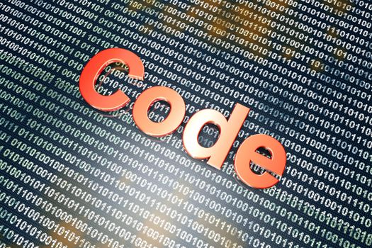 The word Code in front of a binary background.