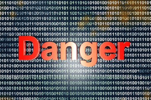 Danger sign over digital, binary code. 3D Illustration.