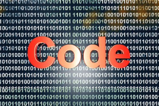 The word Code in front of a binary background.