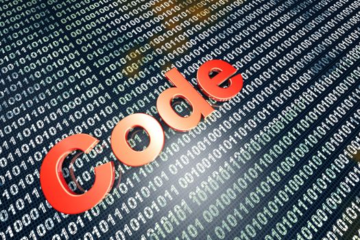 The word Code in front of a binary background.