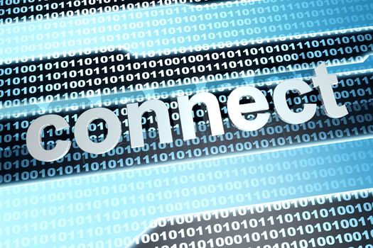 The word connect in front of a binary background. 3D rendered illustration.