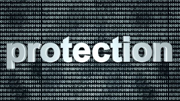 The word protection in front of a binary background symbolizing the digital code of software protecting your computer system.
