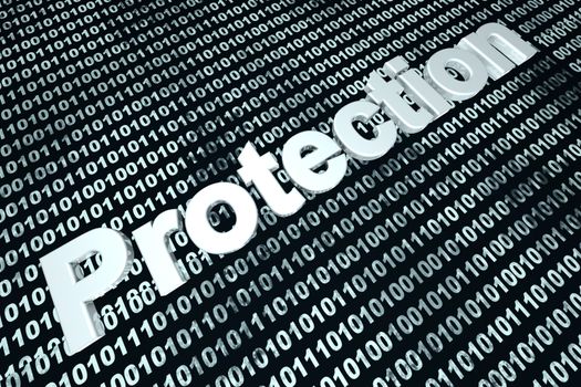 The word protection in front of a binary background symbolizing the digital code of software protecting your computer system.
