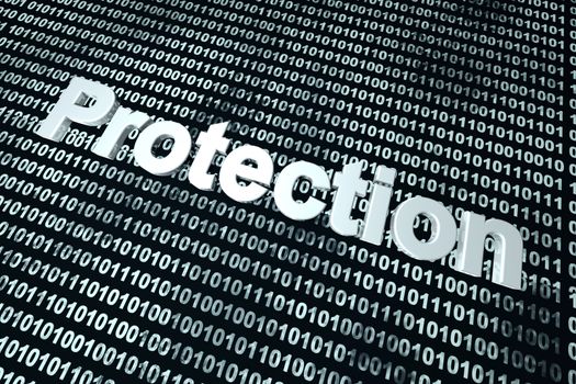 The word protection in front of a binary background symbolizing the digital code of software protecting your computer system.

