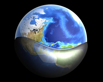 A globe swimming in Oil or Petrol. 3D rendered illustration.