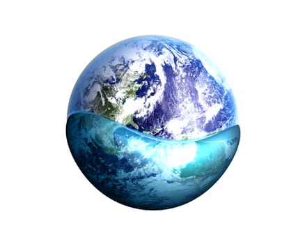 A globe swimming in water. 3D rendered illustration.