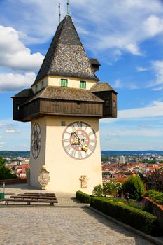 The clock tower (Uhrturm) in Grace (Graz), Styria, Austria, Europe.