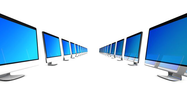 All in one Computers in a row symbolizing a team. 3d illustration. Isolated on white.