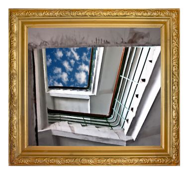 Oil painting as a ladder leading to the sky, in the old golden frame