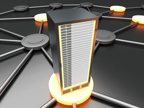 Connected cloud of 19 inch server towers. 3D rendered illustration.