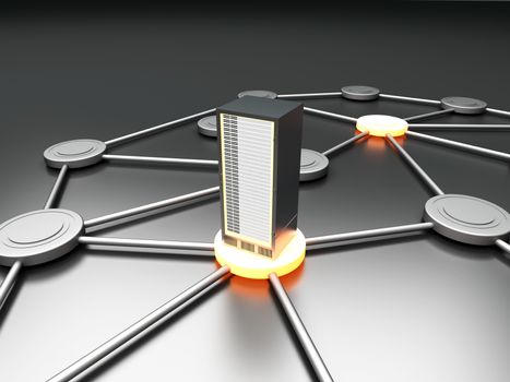 Connected cloud of 19 inch server towers. 3D rendered illustration.