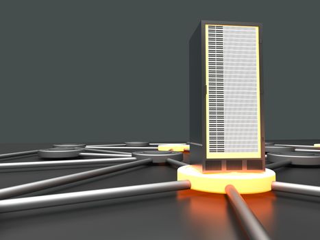 Connected cloud of 19 inch server towers. 3D rendered illustration.