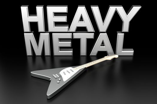 The word heavy metal with a generic guitar. 3D rendered Illustration.