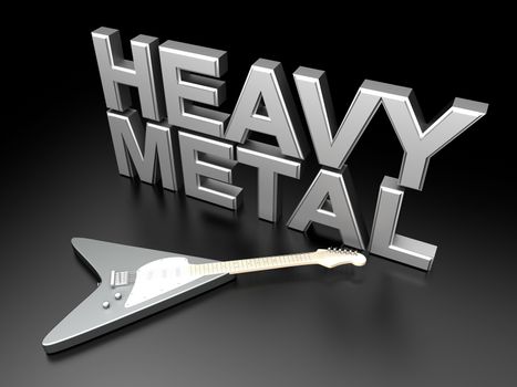 The word heavy metal with a generic guitar. 3D rendered Illustration.