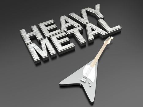 The word heavy metal with a generic guitar. 3D rendered Illustration.