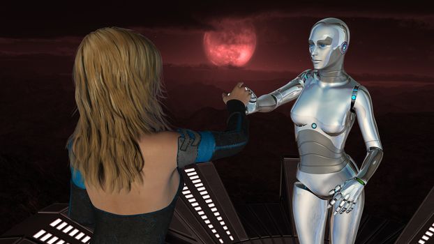 Female human and robot at red moon background - Artificial Intelligence Technology