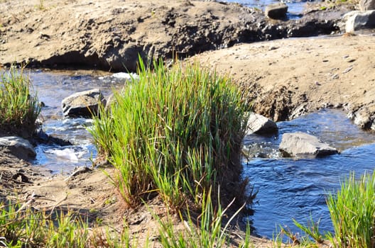 Sandboden auf dem Gras wächst in einer schönen Naturlandschaft.
Entspannung mit einem idyllischer Blick,  ein schöner Platz an einen Wildwasser - Bachlauf mit kleinen Findlingen, Steinen, Gras und Sand,