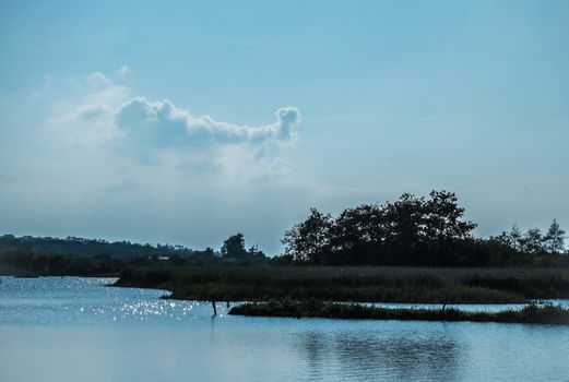 landscape view across a lake with island in silhouette