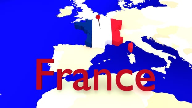 France is highlighted on an European Map, the flag is shown as a texture of the country outline and the country name is visible in front.