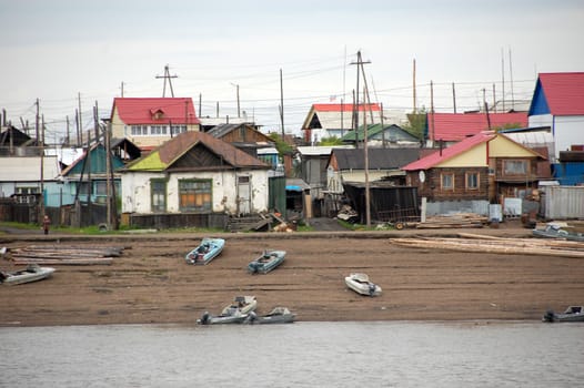 Village at Kolyma river coast outback Russia, Yakutia region