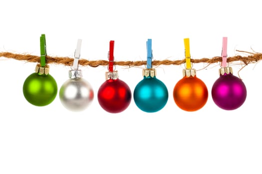Christmas bauble collection hang on rope, isolated on white background