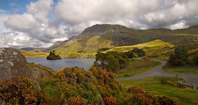 Attractive scenery can be seen in the hills above the Barmouth Estuary in the Snowdonia National Park in Wales, UK.