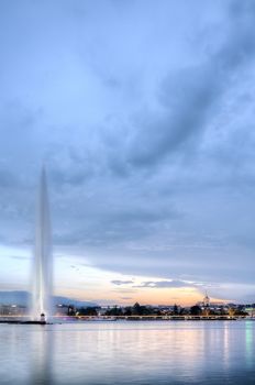 Famous Geneva fountain and lake by sunset, Switzerland, HDR