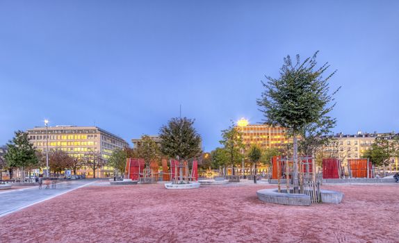 Plain of Plainpalais by night in Geneva, Switzerland, HDR