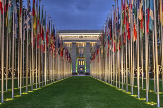 United-Nations by night in Geneva, Switzerland, HDR