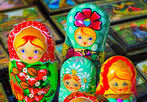 Made of a tree and beautifully painted dolls - the nested dolls, traditional Russian toys for children.