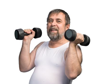 Elderly man exercising with dumbbells isolated on white
