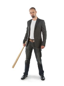 Angry looking man with bat, isolated on a white background
