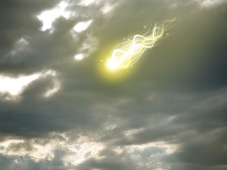 Meteorite or comet falling from the sky. Evening dramatic sky as backdrop