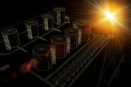 Wire-frame industrial tanks with light on dark background. Industrial concept