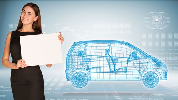 Businesswoman hold paper sheet. Wire-frame family car on transparent plane. Graphs as backdrop