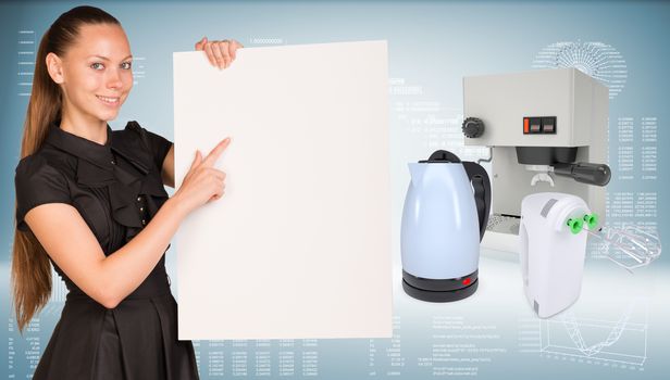 Businesswoman hold paper sheet. Coffee maker, electric kettle and mixer are located next. Graphs as backdrop